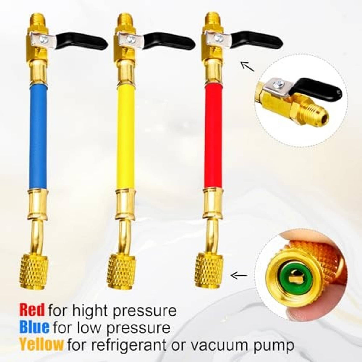 Three-color A/C hose set with gold brass ends and black shutoff clips