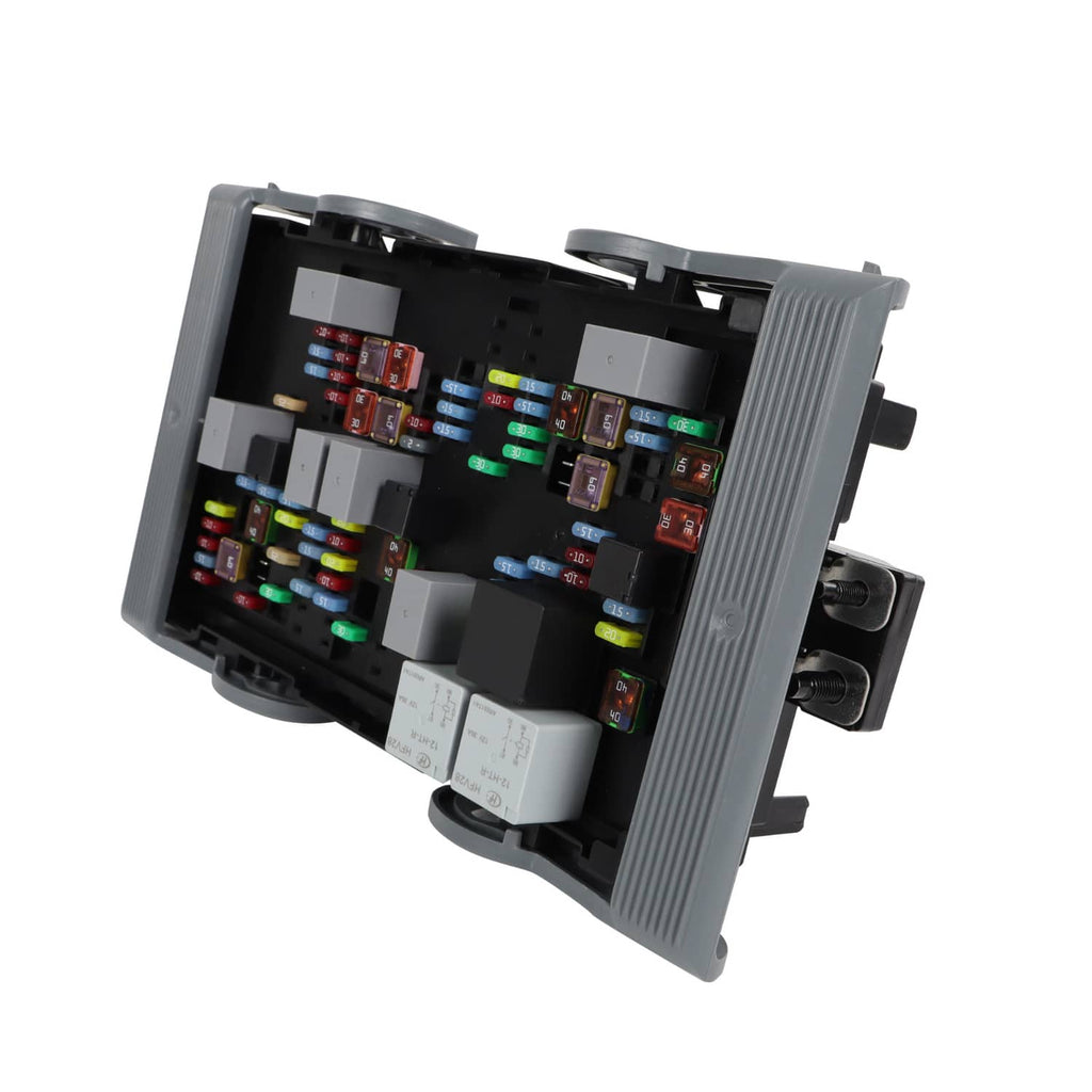 Vehicle fuse relay junction block with gray outer frame, exposed fuse and relay board