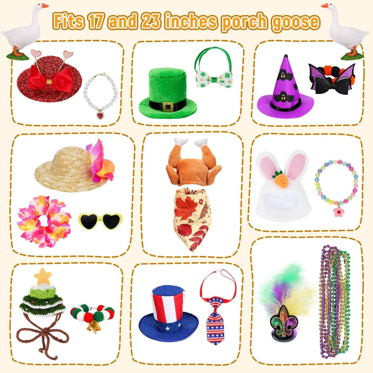 9-piece porch goose outfit accessories set with hats, bows, sunglasses, and garlands