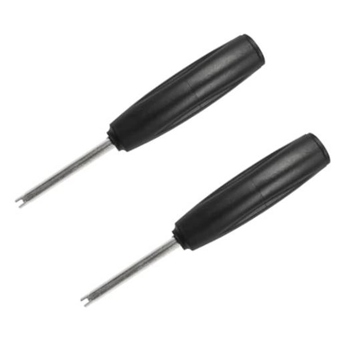 Tire valve core torque tool pair with black grips and metal shafts, two-piece set