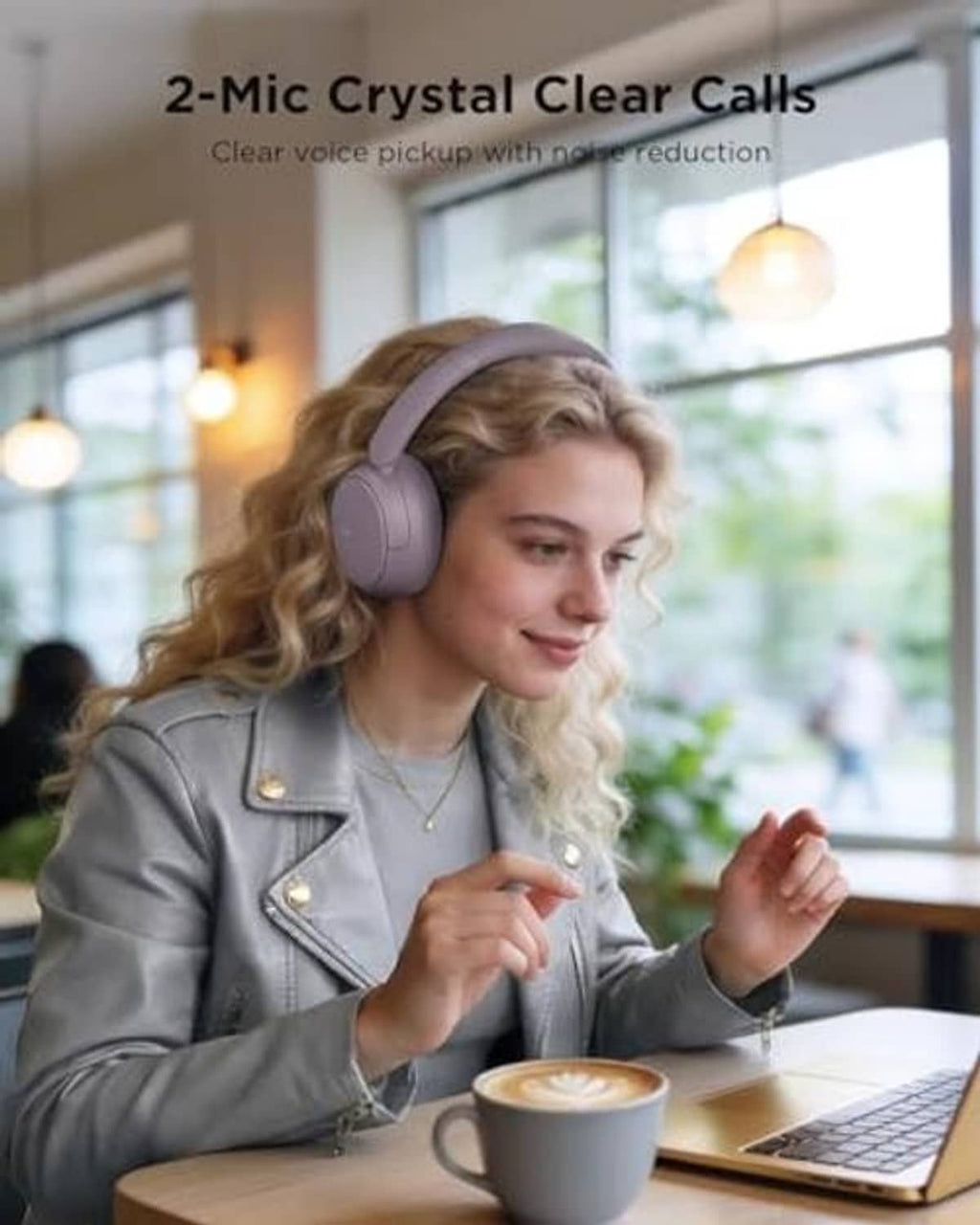 Purple over-ear headphones, mic call support, worn with padded earcups