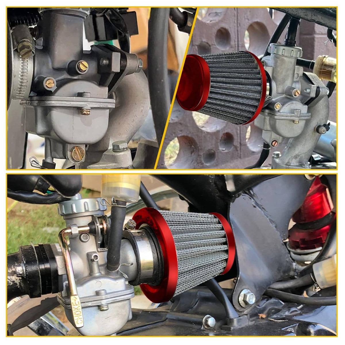 Carburetor with red air filter and black intake hose, close-up on engine mounting area.