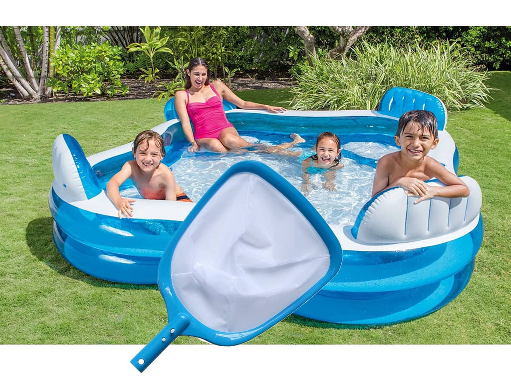 Blue inflatable pool leaf skimmer rake with fine white mesh scoop in use.