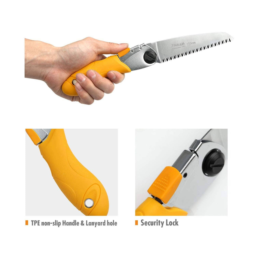 Folding pruning hand saw in hand with yellow grip and silver blade, safety lock detail