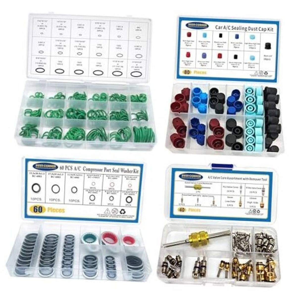 Car A/C compressor gasket seal and dust cap kit with assorted O-rings and caps in tray