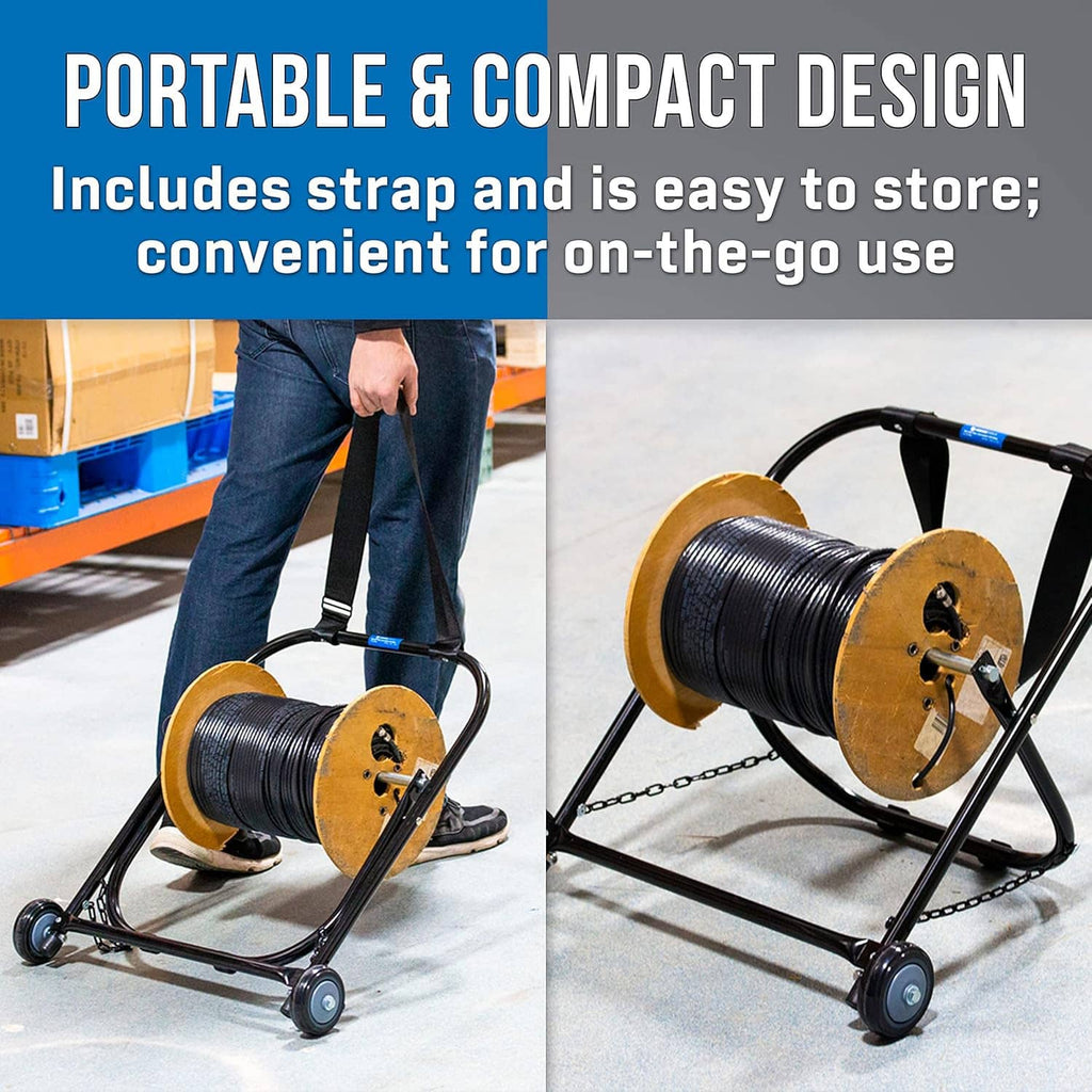 Portable cable caddy with pull strap and two caster wheels, holding a cable reel