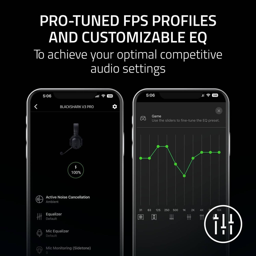 Smartphone app screens showing EQ and audio settings for gaming headset.