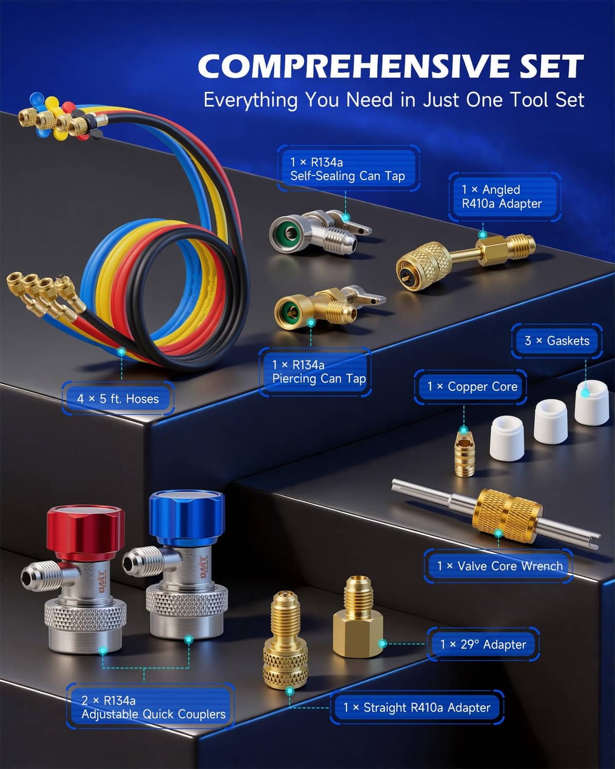 AC manifold gauge set kit with adapters, quick couplers, gaskets, and multi-color hoses