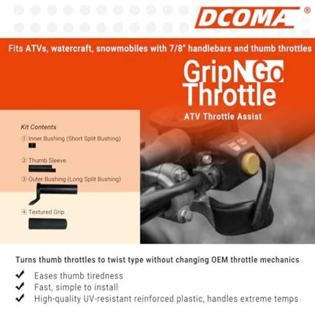 DCOma GripNGo ATV throttle assist kit showing thumb throttle and textured grip