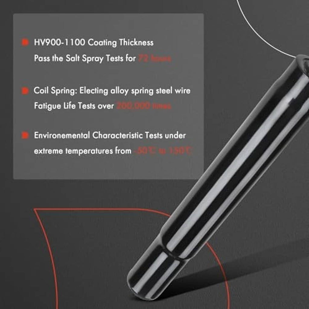 Black shock absorber with striped cylinder and silver piston rod, close-up end view
