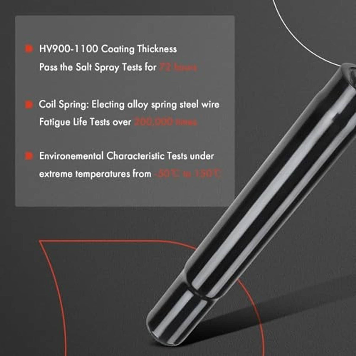 Black shock absorber with striped cylinder and silver piston rod, close-up end view