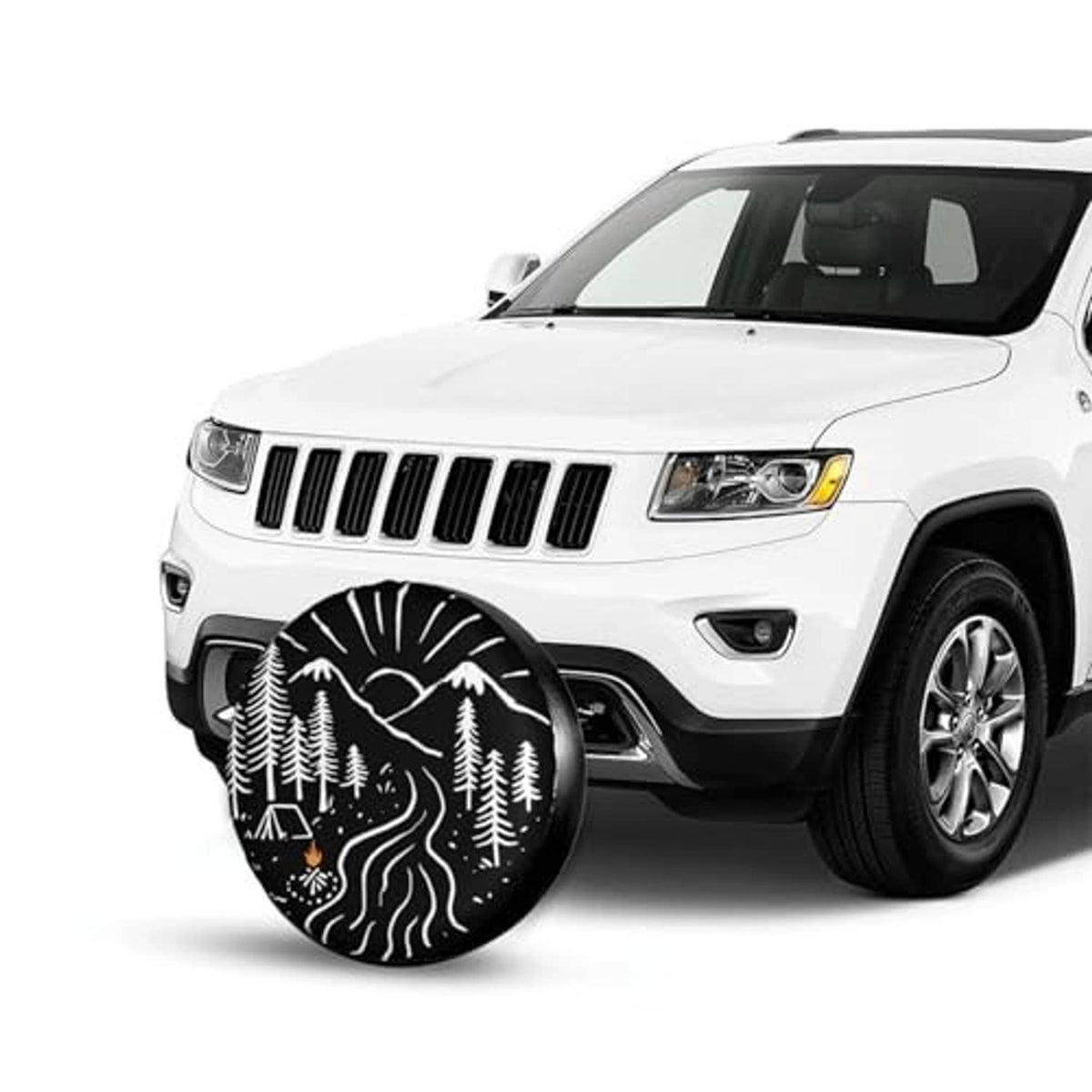 Universal spare tire cover in front view, black with white forest and river graphic