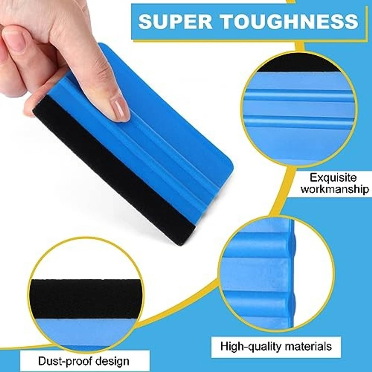 Blue vinyl squeegee with black felt edge, shown in hand for smooth application