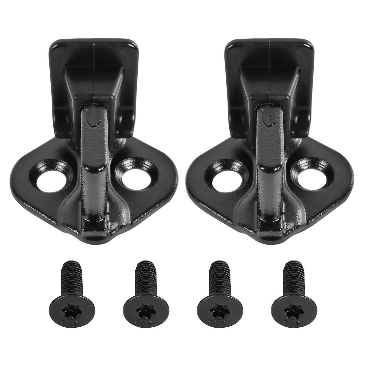 Black anti-rattle door lock striker bracket pair with mounting bolts