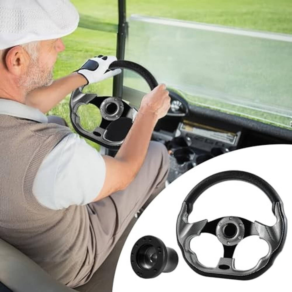 Golf cart steering wheel accessory with carbon-look rim and center hub, shown in use