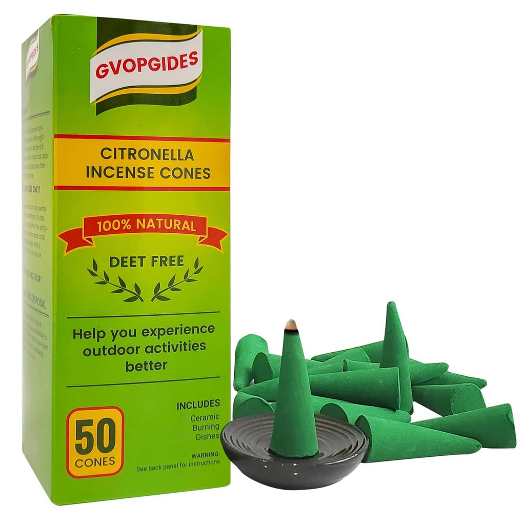 Citronella incense cones set: green cone incense with black ceramic dish beside box