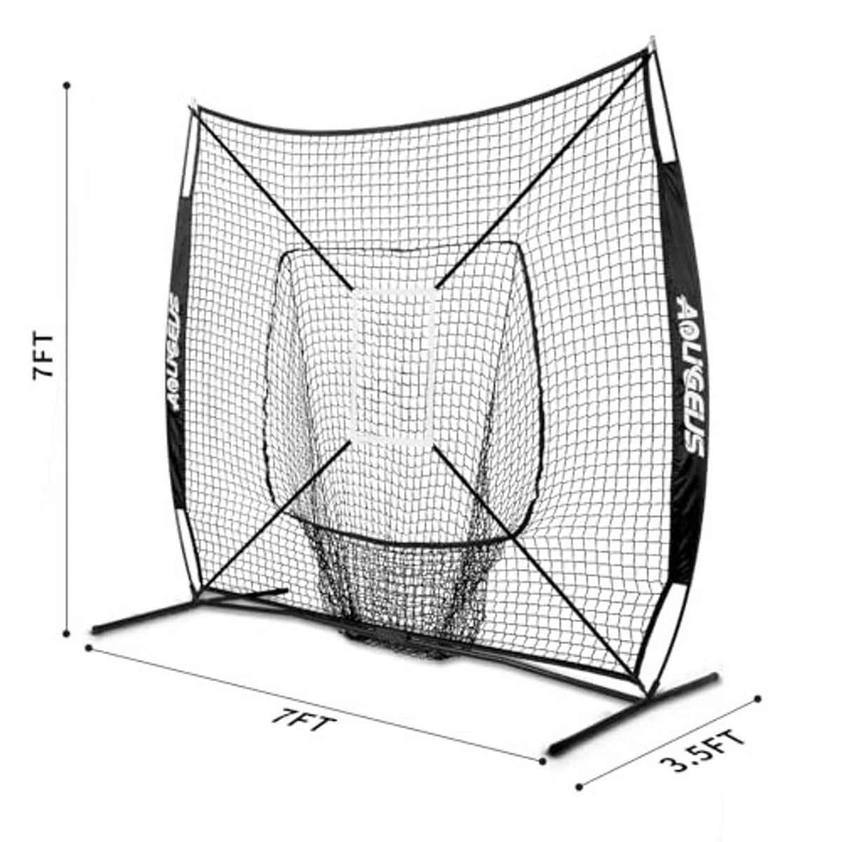 7x7 baseball practice net with strike zone target, black frame, 7 ft by 3.5 ft