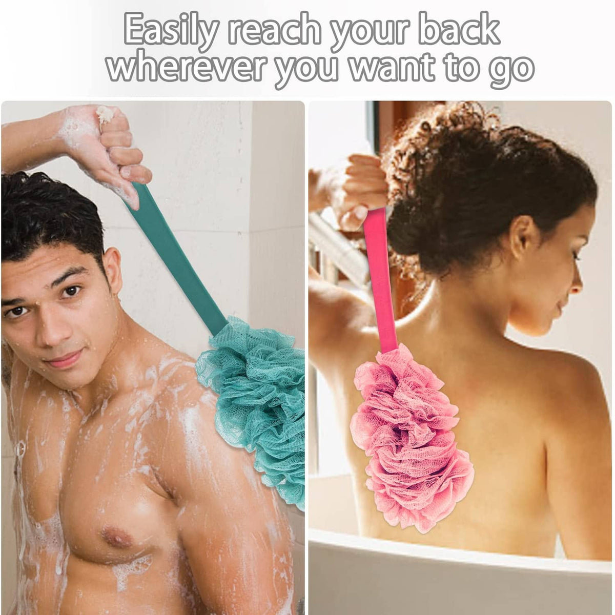 Teal and pink loofah back scrubbers on long handles for washing