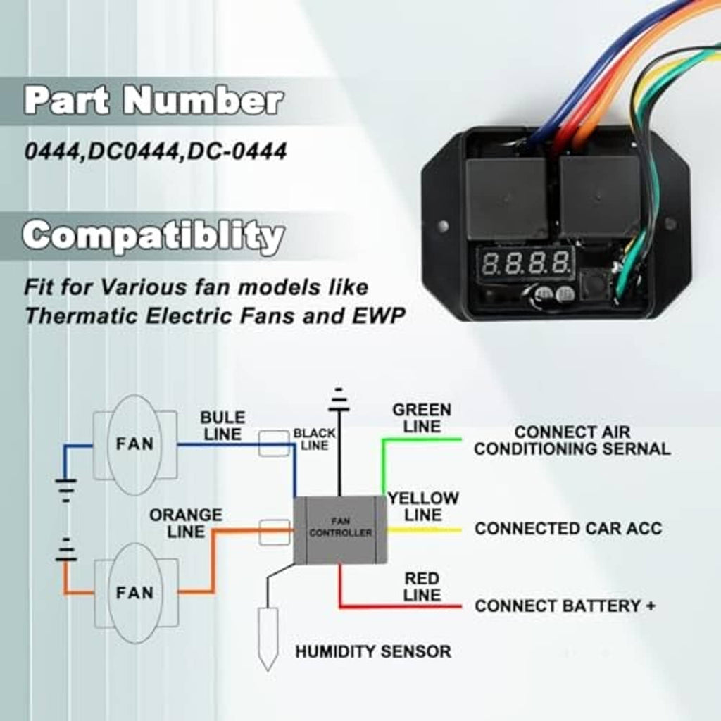 Thermatic fan switch controller with LED digital display, black housing, and colored wire connectors