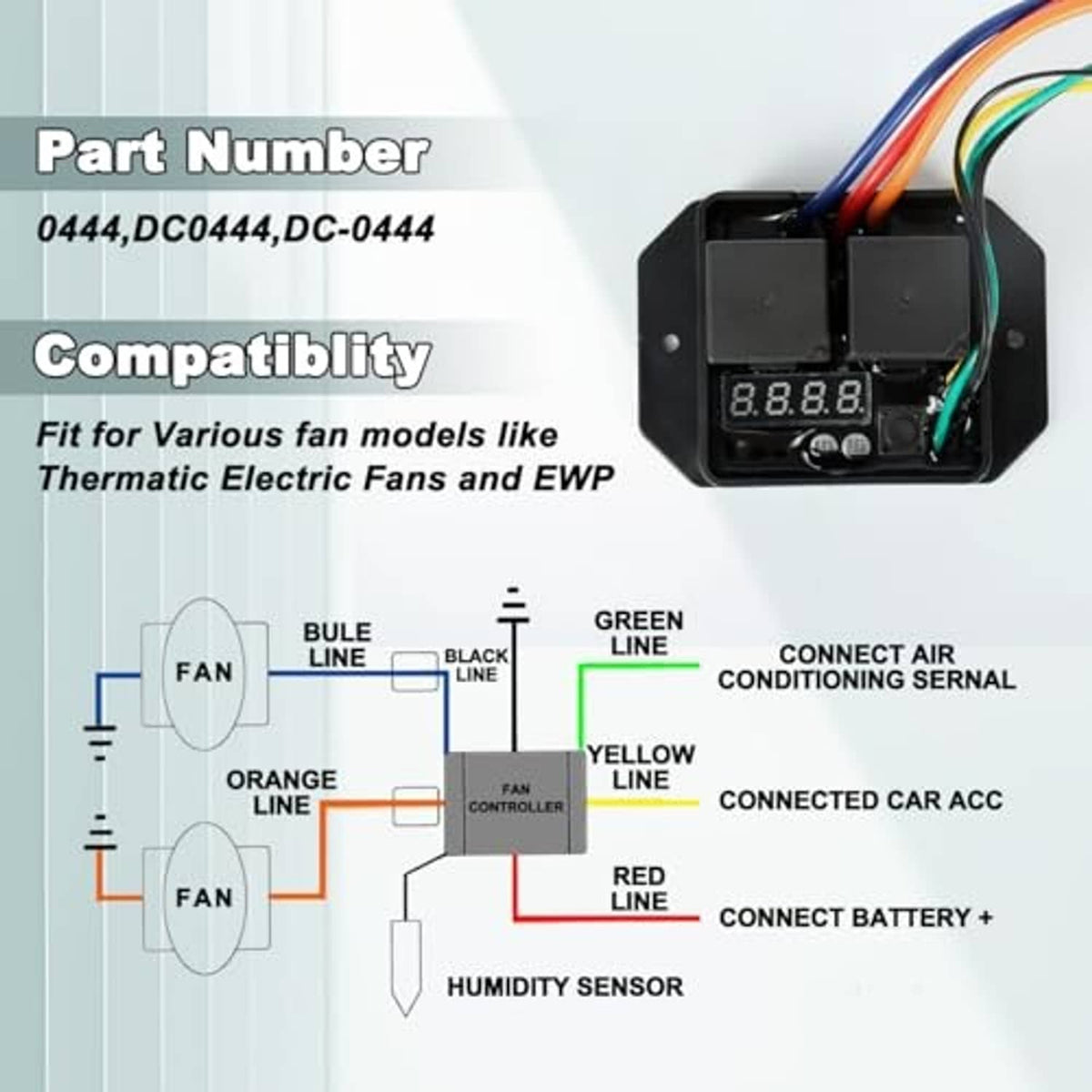 Thermatic fan switch controller with LED digital display, black housing, and colored wire connectors