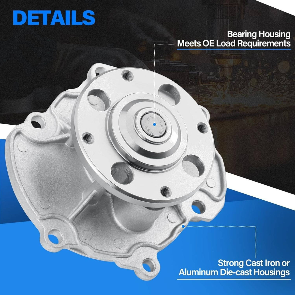 Water pump with flange and bolt holes, aluminum casting in silver