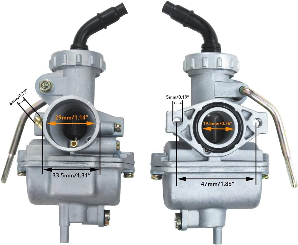 Carburetor with black intake hoses and metal mounting, showing side and front views