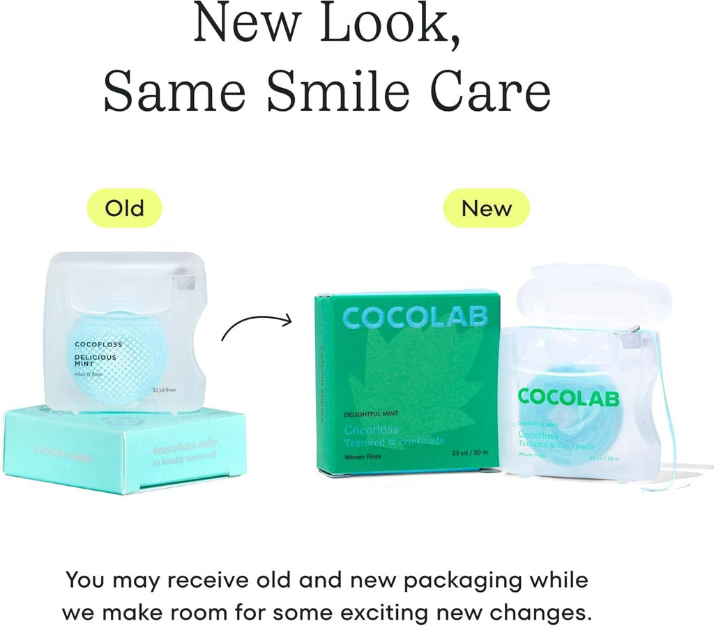 Woven dental floss packaging comparison: old clear case vs new green box.
