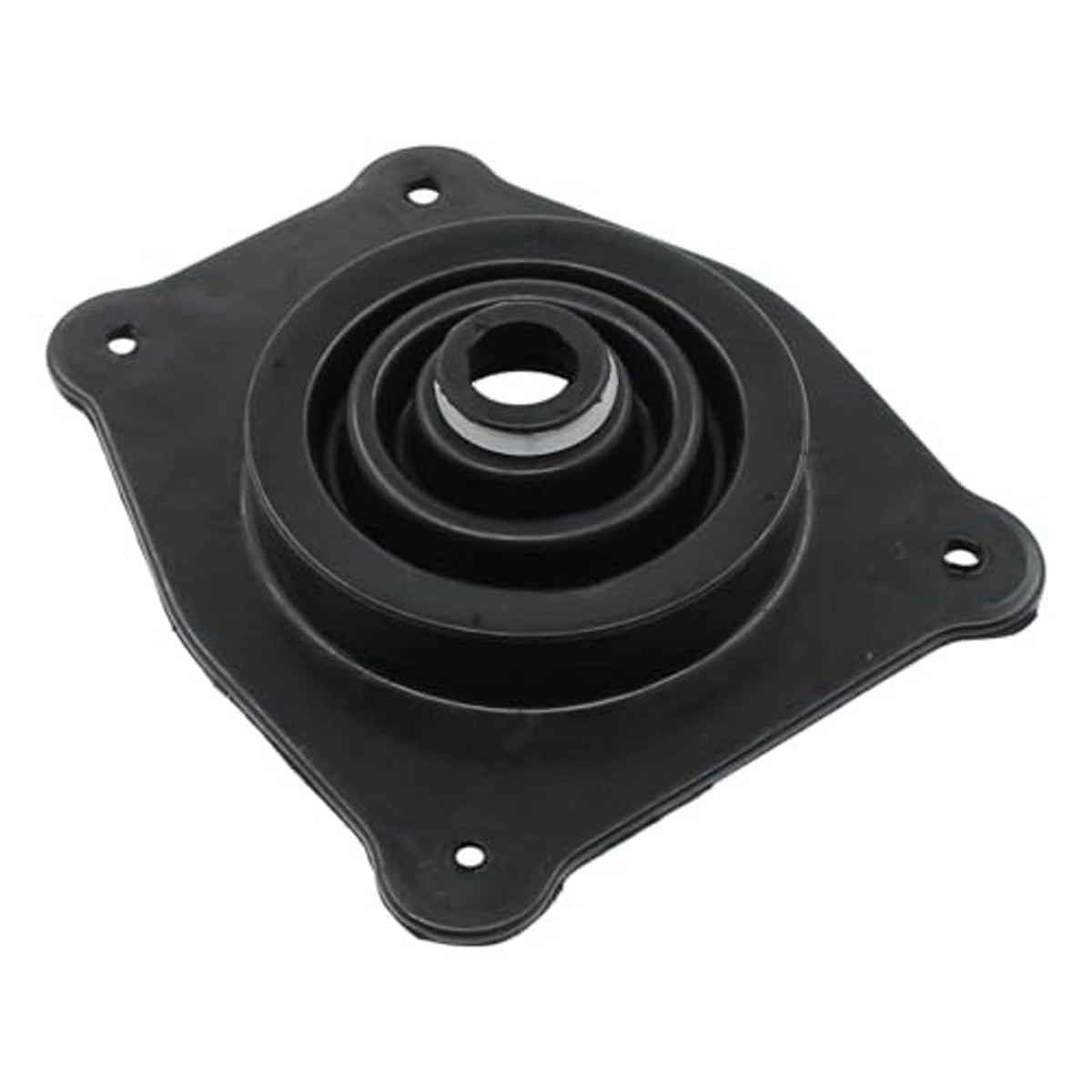 Black rubber shift boot insulator bushing with central opening and bolt holes
