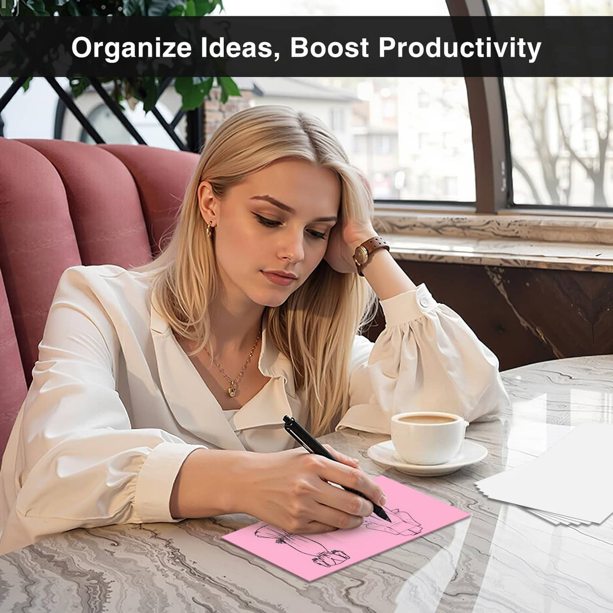 Pink blank index card being written on at a desk