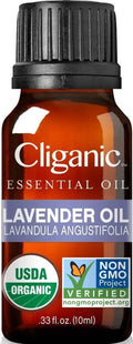 Cliganic lavender essential oil 33 fl oz amber bottle close-up label.