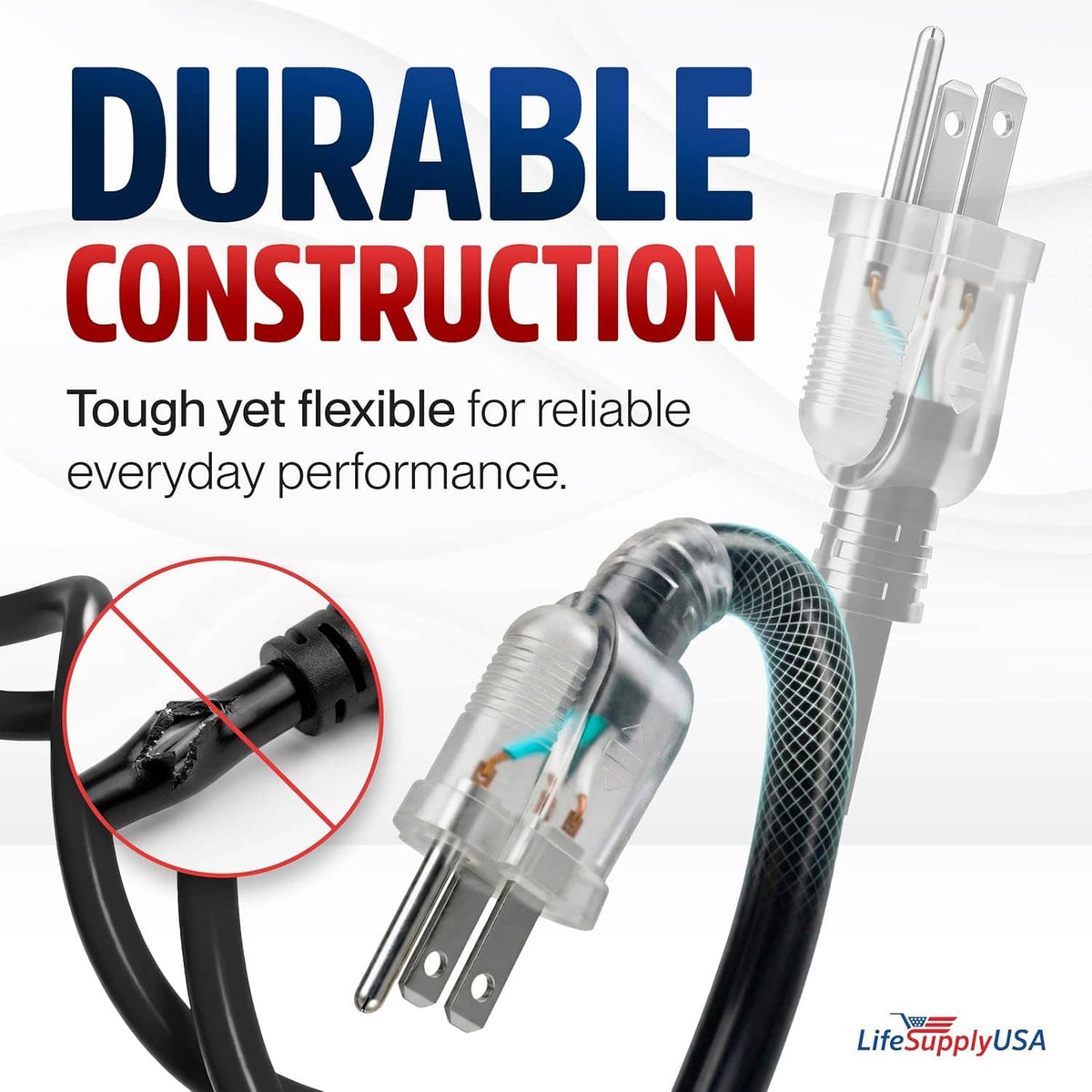 Durable 3-prong extension cord plug with clear lighted connector and black jacket