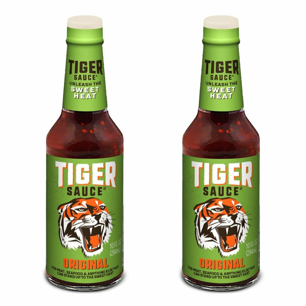 Hot sauce bottle with green label and orange tiger logo for Original flavor