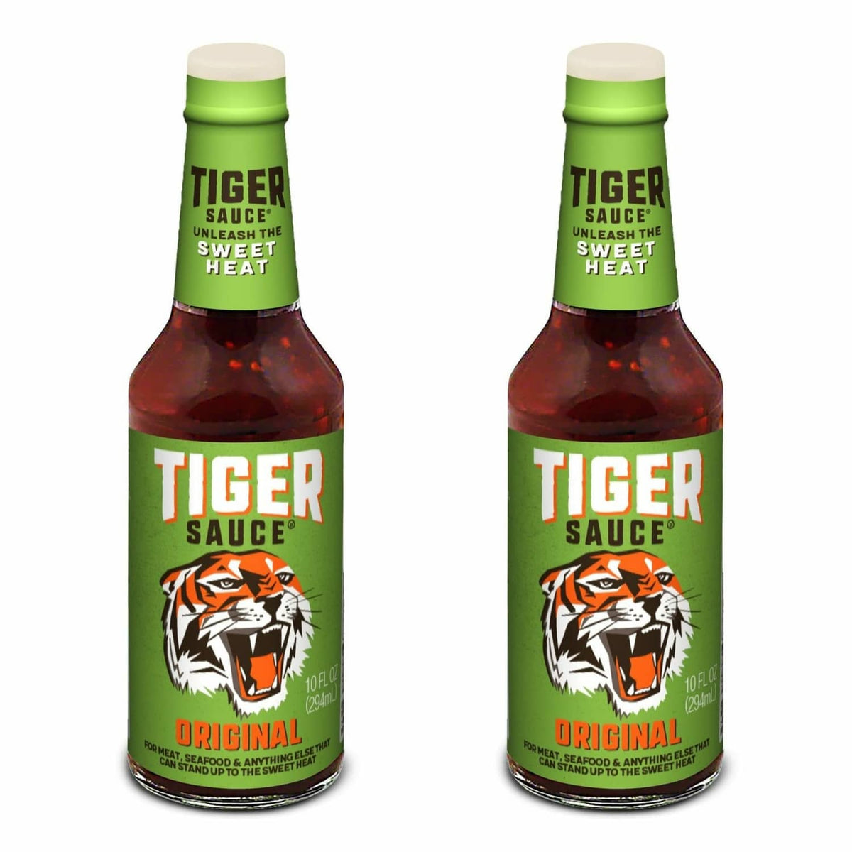 Hot sauce bottle with green label and orange tiger logo for Original flavor