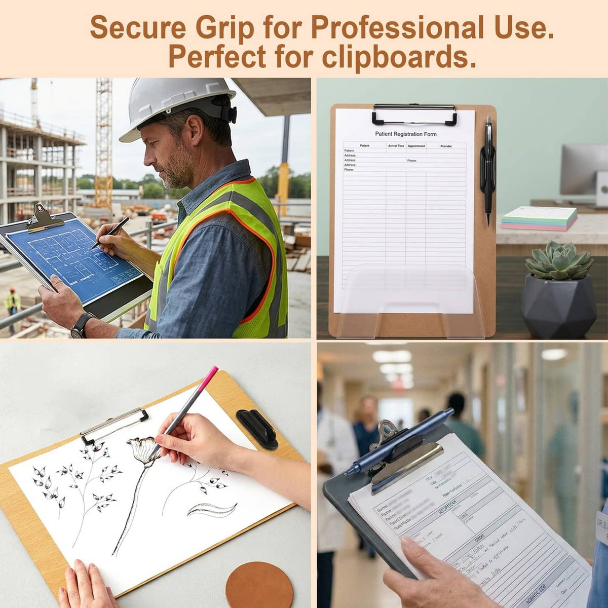 Black silicone adhesive pencil holder on clipboard, holding a colored pen
