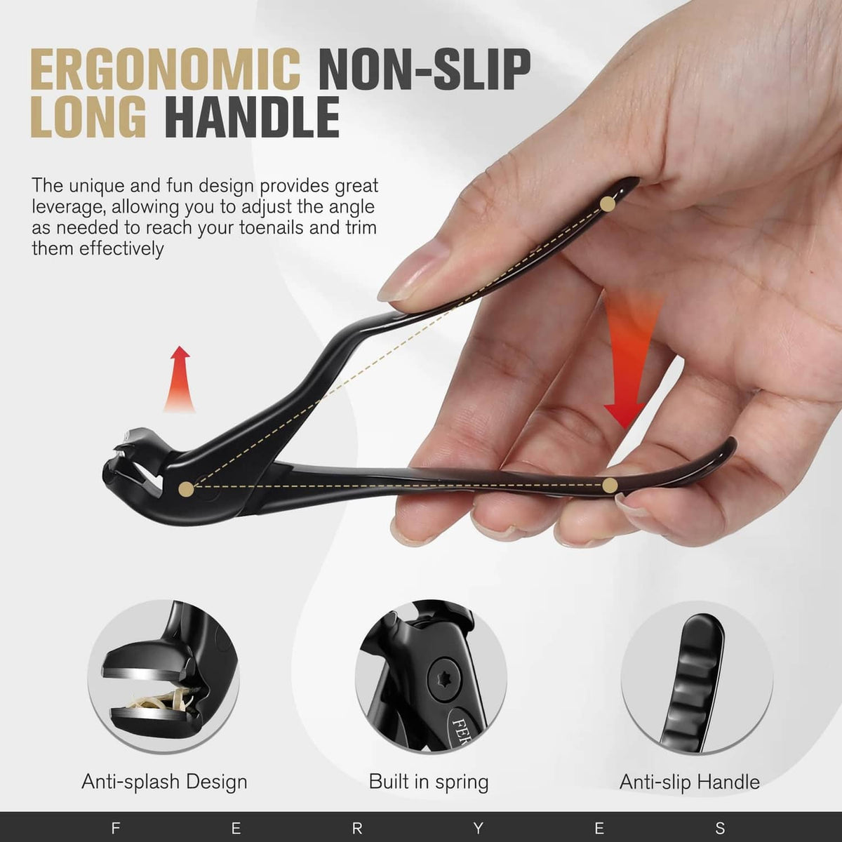 Ergonomic non-slip long handle nail clippers with anti-slip textured grip