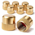 8-pack of gold valve stem caps, ridged metal body with red inner sealing ring.