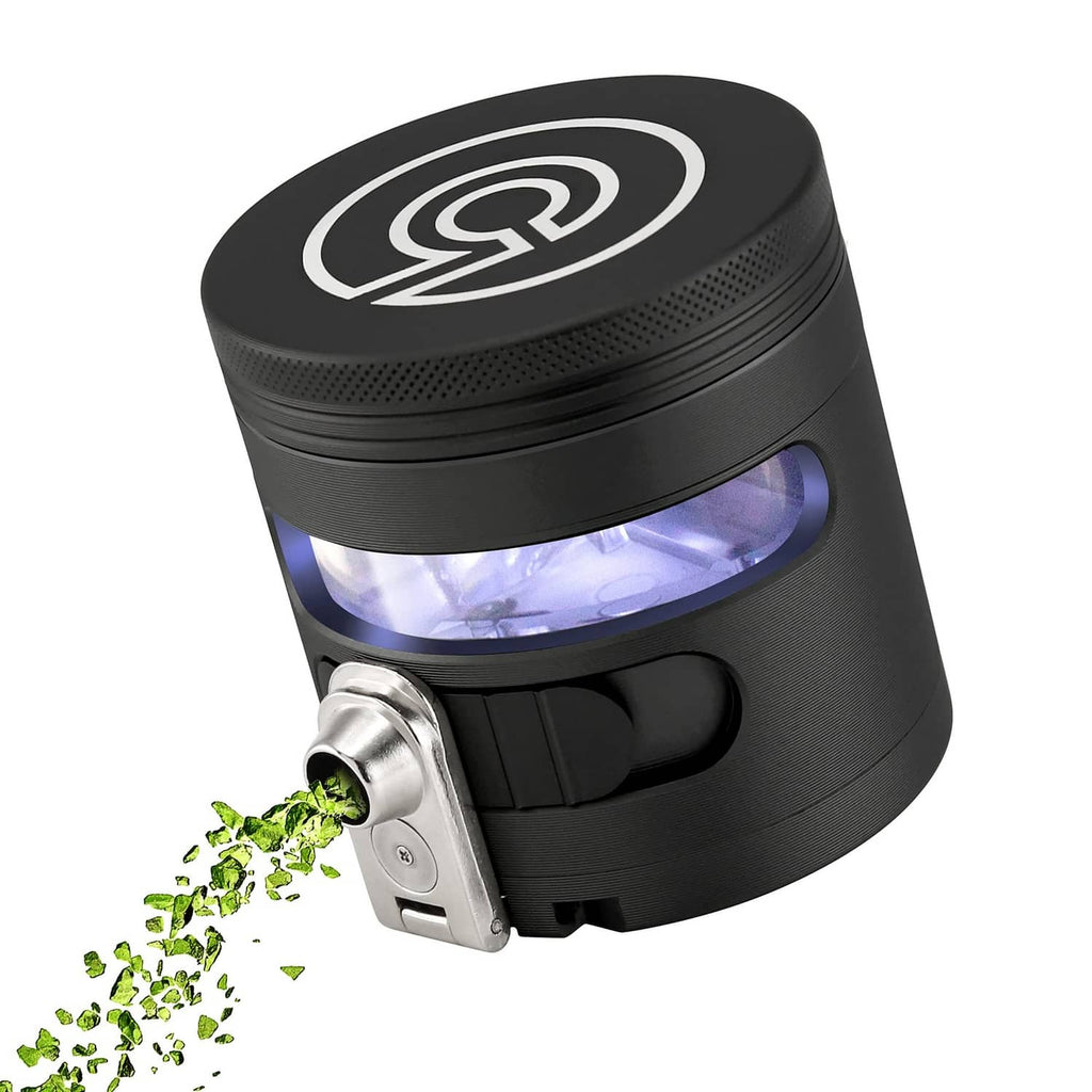 Black automatic grinder dispenser with purple LED window and side metal dispensing chute