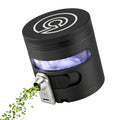Black automatic grinder dispenser with purple LED window and side metal dispensing chute
