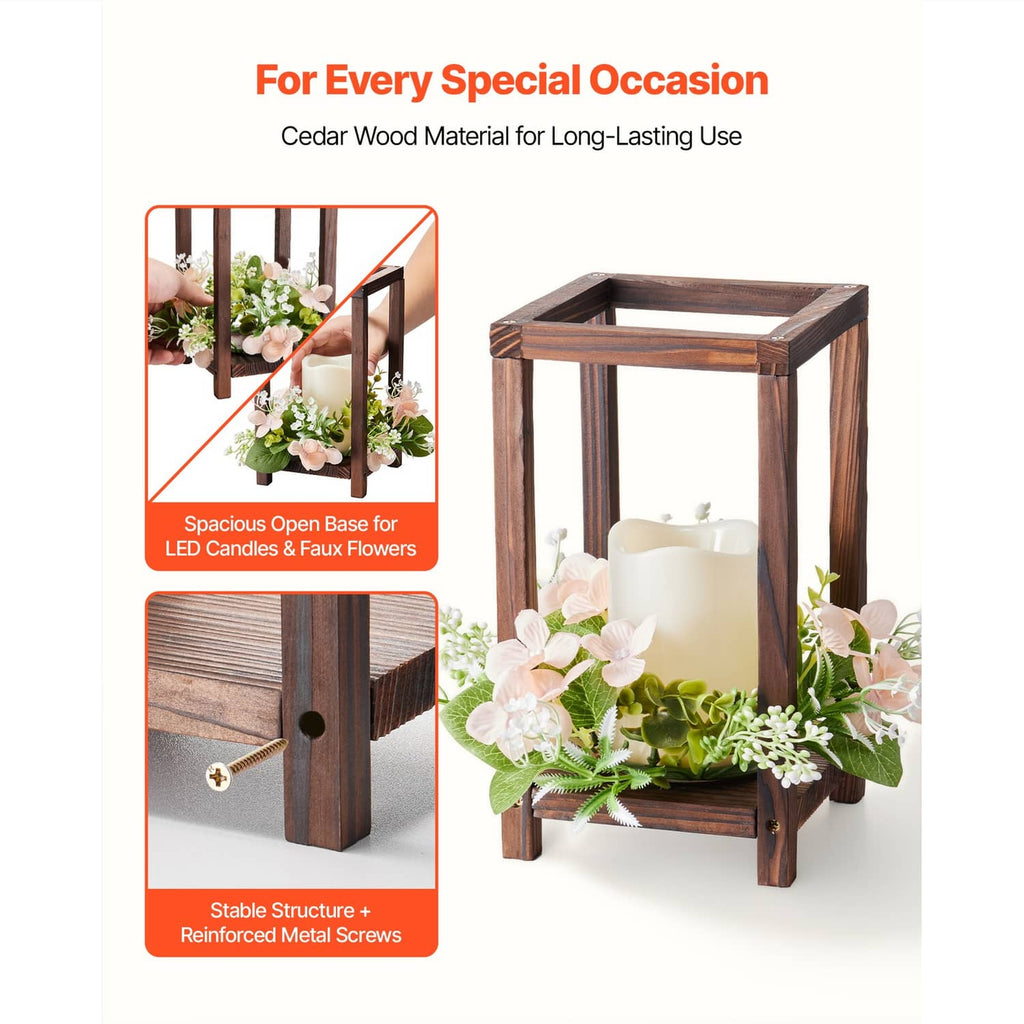 Brown cedar-style wooden lantern with LED candle and faux floral wreath