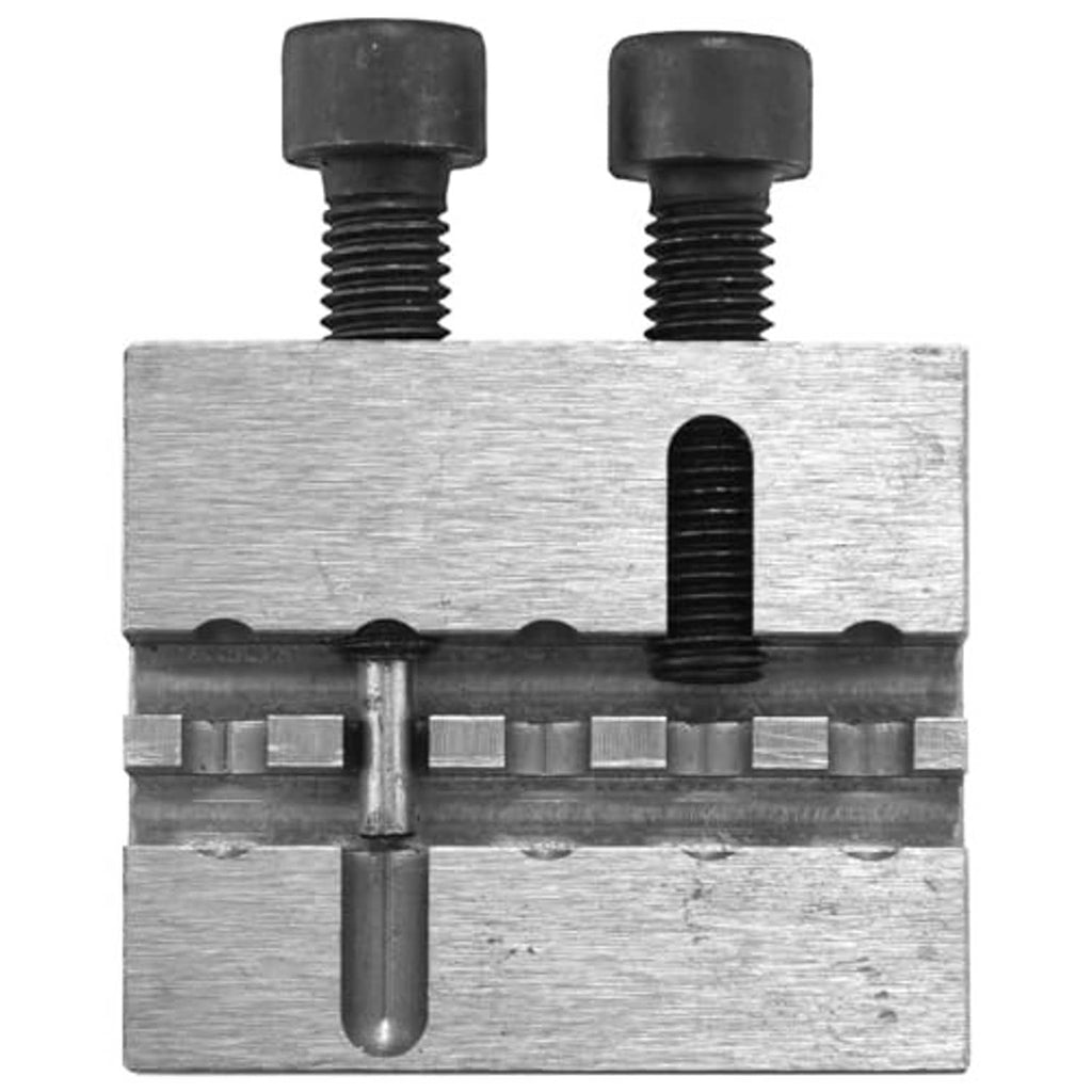 Steel chain breaker press tool block with two threaded posts and center punch pin