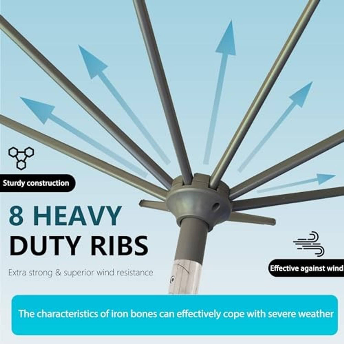 Umbrella frame with multiple heavy-duty ribs attached to the center pole.