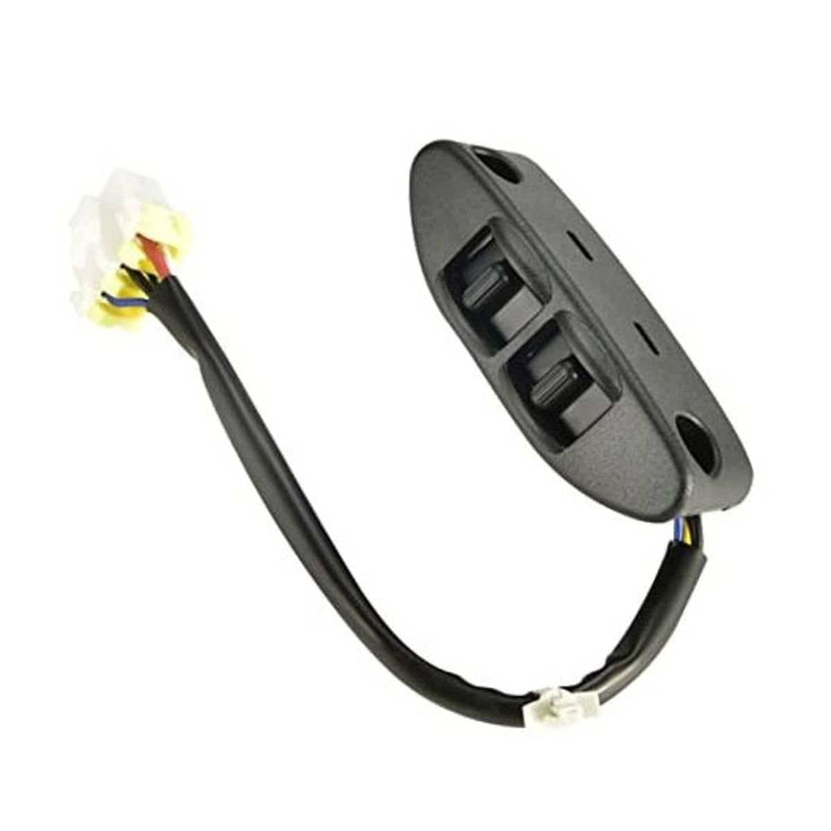Driver-side power seat switch assembly with wiring harness and connector, dark gray