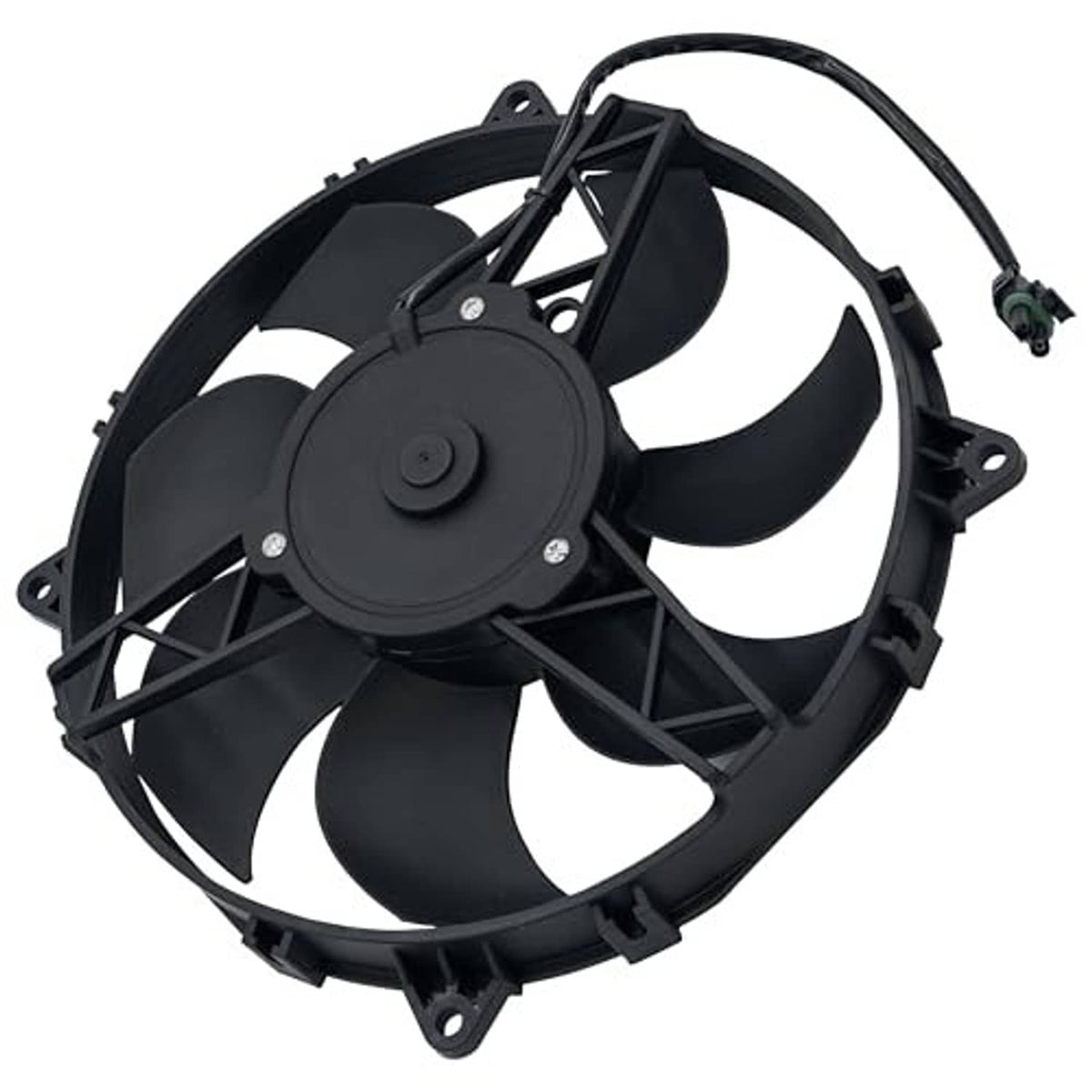 Radiator cooling fan motor assembly with black fan blades and power connector