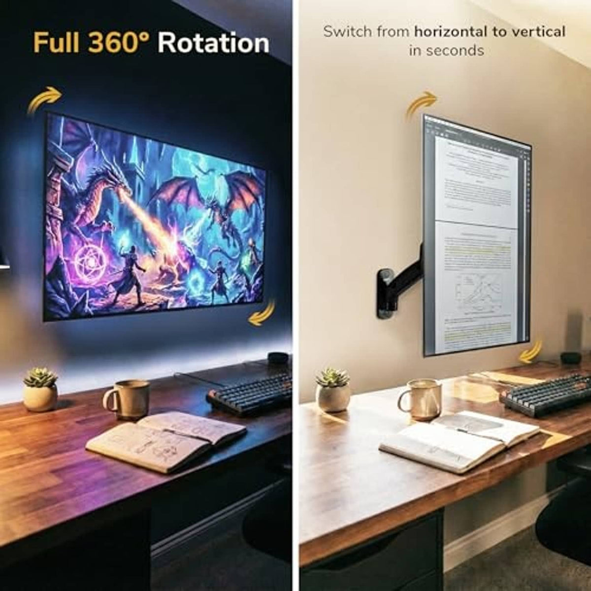Full-motion monitor arm showing a screen rotated from horizontal to vertical