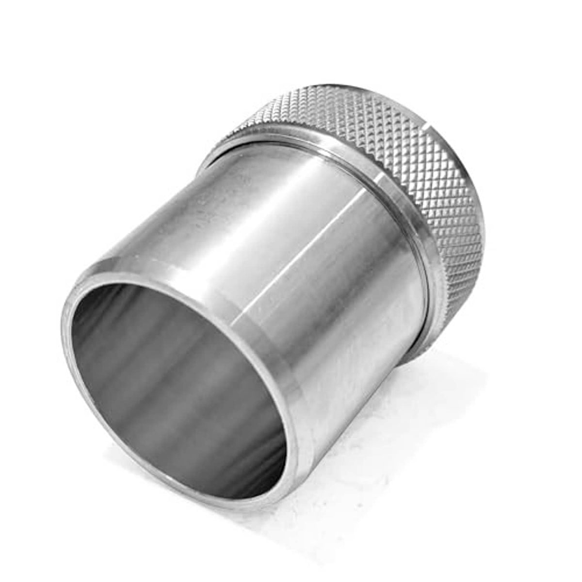 Aluminum filler neck bung sleeve with knurled collar, open end