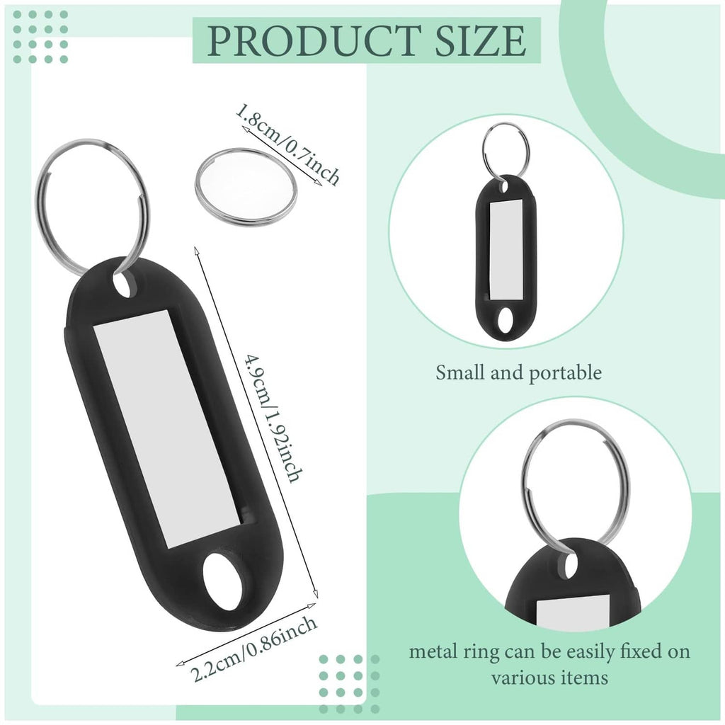 Black key tag with clear label window and metal key ring, product size graphic