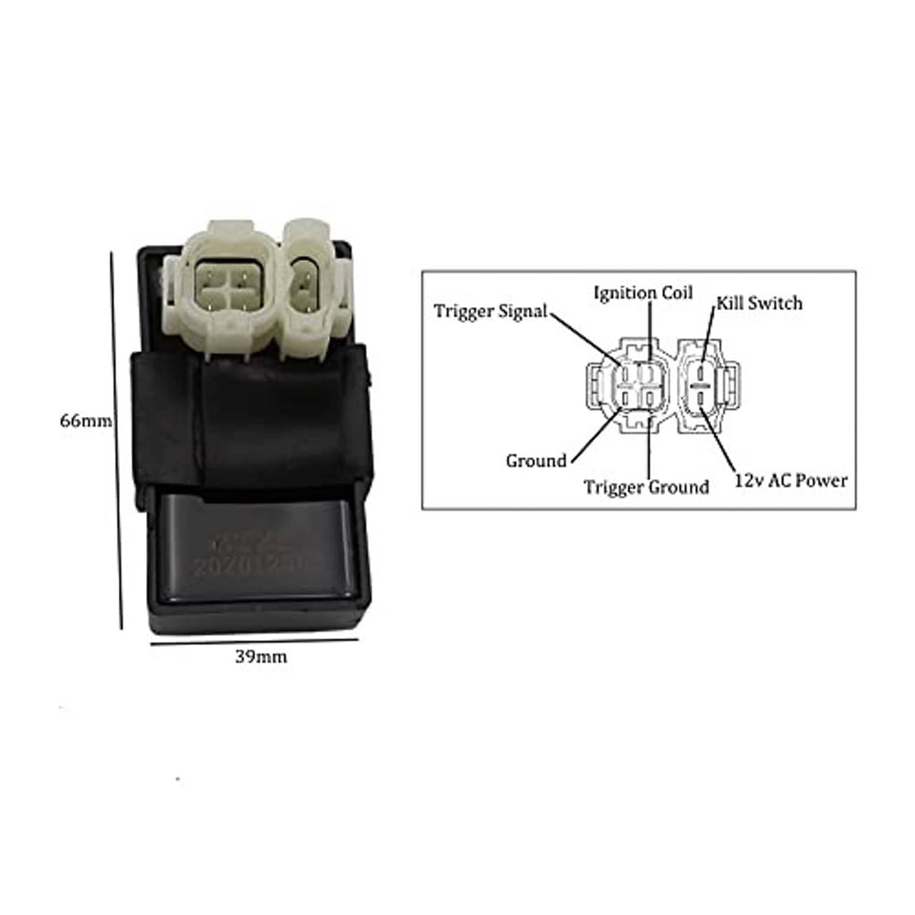 Black CDI control module with white 6-pin socket; 39mm x 66mm dimensions
