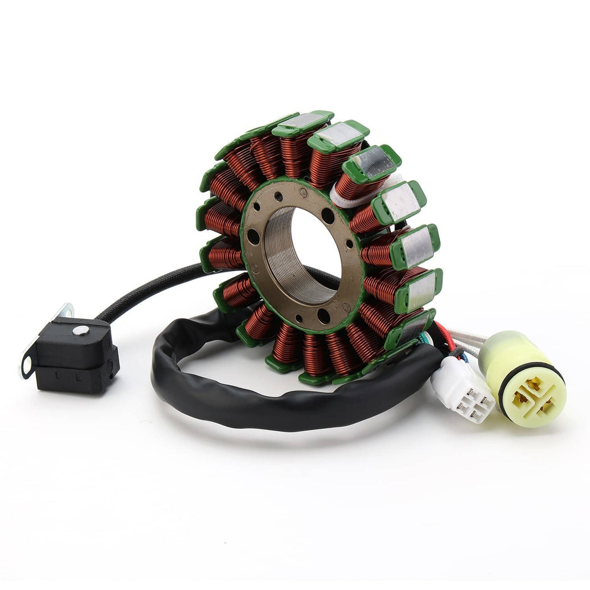 Stator assembly with green-copper windings and ignition connector plug
