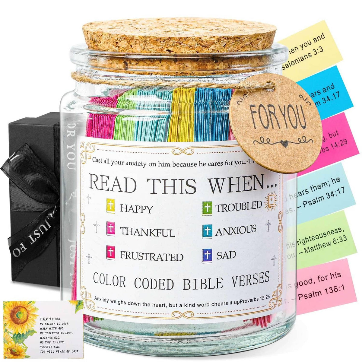Glass prayer verse jar with cork lid; color-coded Bible slips visible