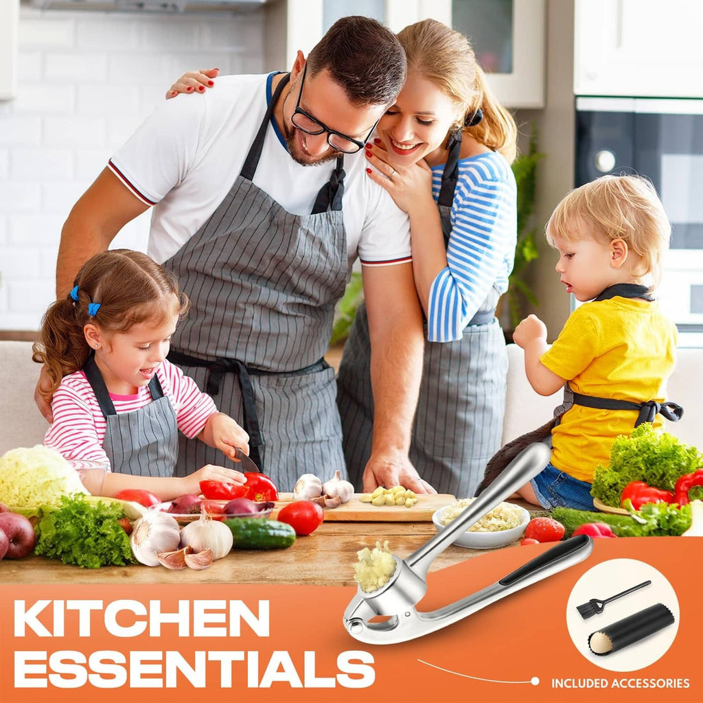 Stainless steel garlic press on kitchen counter with black handles and included parts